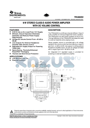 TPA3002D2PHPG4 datasheet - 9-W STEREO CLASS-D AUDIO POWER AMPLFIER WITH DC VOLUME CONTROL