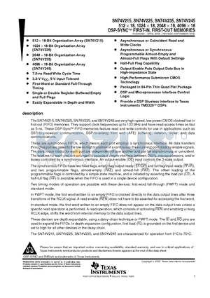 SN74V225 datasheet - 512 X 18, 1024 X 18, 2048 X 18, 4096 X 18 DSP-SYNC FIRST-IN, FIRST-OUT MEMORIES