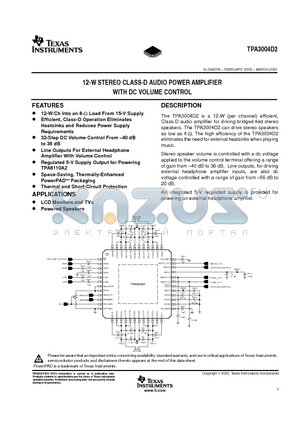 TPA3004D2 datasheet - 12-W STEREO CLASS-D AUDIO POWER AMPLIFIER WITH DC VOLUME CONTROL