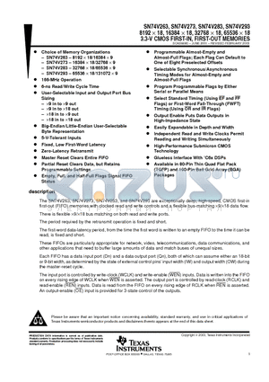 SN74V263-15PZA datasheet - 8192  18, 16384  18, 32768  18, 65536  18 3.3-V CMOS FIRST-IN, FIRST-OUT MEMORIES