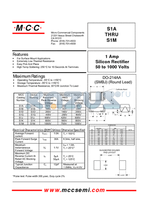 S1M datasheet - 1 Amp Silicon Rectifier 50 to 1000 Volts
