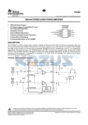 TPA302 datasheet - 300-mW STEREO AUDIO POWER AMPLIFIER