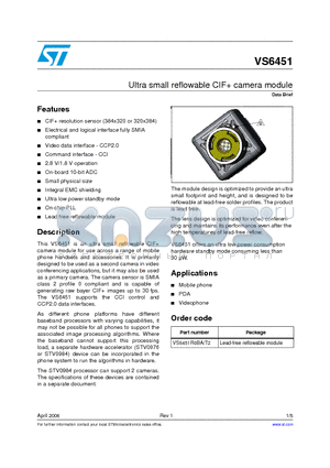 VS6451ROBA datasheet - Ultra small reflowable CIF camera module