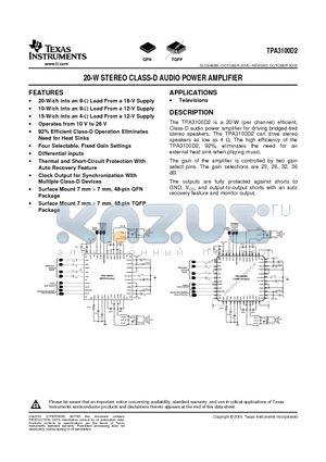 TPA3100D2RGZT datasheet - 20-W STEREO CLASS-D AUDIO POWER AMPLIFIER