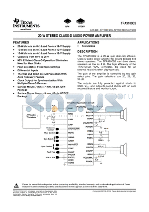 TPA3100D2RGZTG4 datasheet - 20-W STEREO CLASS-D AUDIO POWER AMPLIFIER