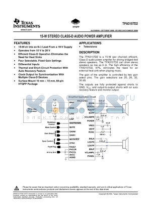 TPA3107D2 datasheet - 15-W STEREO CLASS-D AUDIO POWER AMPLIFIER