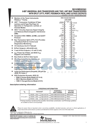 SN74VMEH22501DGVR datasheet - 8 BIT UNIVERSAL BUS TRANSCEIVER AND TWO 1 BIT BUS TRANSCEIVERS WITH SPLIT LVTTL PORT FEEDBACK PATH AND 3 STATE OUTPUTS