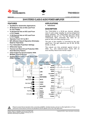 TPA3100D2IRGZRQ1 datasheet - 20-W STEREO CLASS-D AUDIO POWER AMPLIFIER
