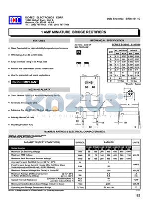 S1NB05 datasheet - 1 AMP MINIATURE BRIDGE RECTIFIERS