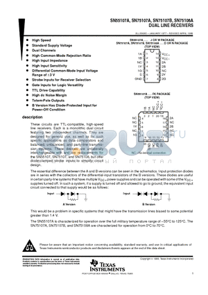 SN75107AN datasheet - DUAL LINE RECEIVERS