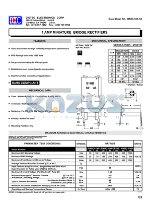 S1NB60 datasheet - 1 AMP MINIATURE BRIDGE RECTIFIERS