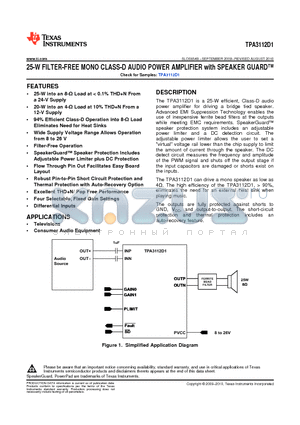 TPA3112D1PWP datasheet - 25-W FILTER-FREE MONO CLASS-D AUDIO POWER AMPLIFIER with SPEAKER GUARD