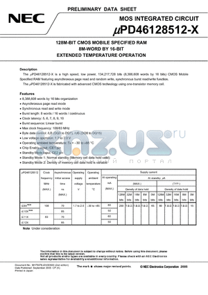 UPD46128512-E10X datasheet - 128M-BIT CMOS MOBILE SPECIFIED RAM 8M-WORD BY 16-BIT EXTENDED TEMPERATURE OPERATION