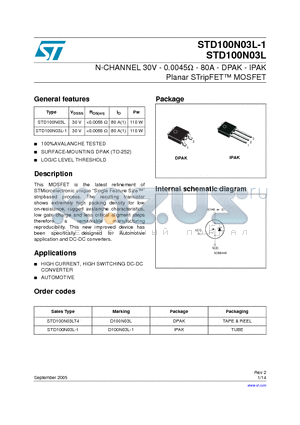 STD100N03L datasheet - N-CHANNEL 30V - 0.0045 - 80A - DPAK - IPAK Planar STripFET MOSFET
