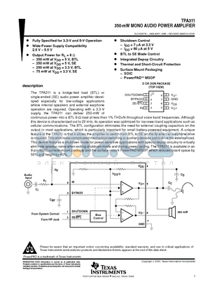 TPA311DGN datasheet - 350-mW MONO AUDIO POWER AMPLIFIER