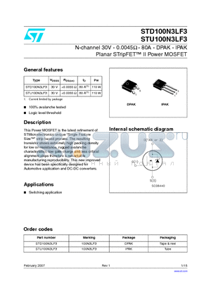 STD100N3LF3 datasheet - N-channel 30V - 0.0045OHM - 80A - DPAK - IPAK Planar STripFET TM II Power MOSFET