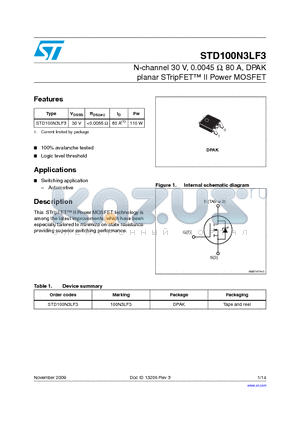 STD100N3LF3_09 datasheet - N-channel 30 V, 0.0045 Y, 80 A, DPAK planar STripFET II Power MOSFET