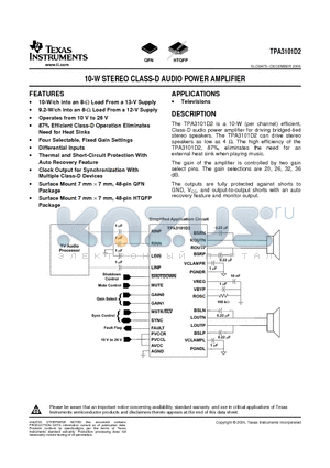 TPA3101D2RGZR datasheet - 10-W STEREO CLASS-D AUDIO POWER AMPLIFIER