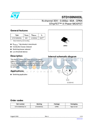 STD100NH03L_06 datasheet - N-channel 30V - 0.005ohm - 60A - DPAK STripFET TM III Power MOSFET