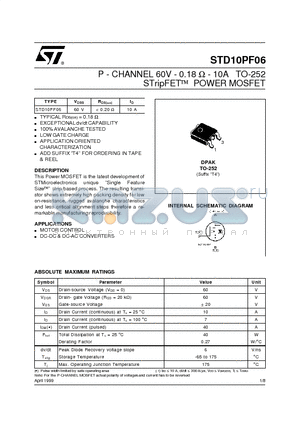 STD10PF06 datasheet - P - CHANNEL 60V - 0.18 ohm - 10A TO-252 STripFET POWER MOSFET