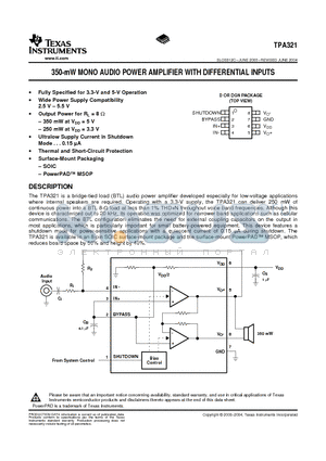 TPA321DGN datasheet - 350-mW MONO AUDIO POWER AMPLIFIER WITH DIFFERENTIAL INPUTS