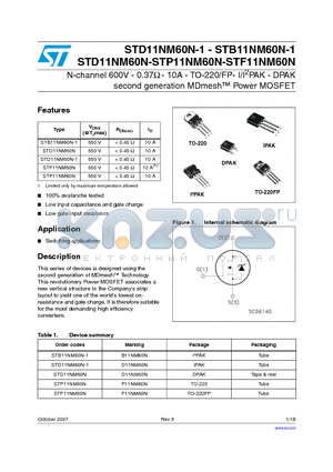 STD11NM60N-1 datasheet - N-channel 600V - 0.37Y - 10A - TO-220/FP- I/I2PAK - DPAK second generation MDmesh Power MOSFET