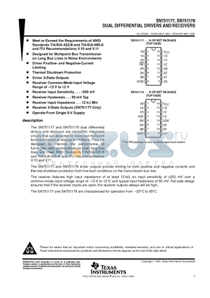 SN751178 datasheet - DUAL DIFFERENTIAL DRIVERS AND RECEIVERS