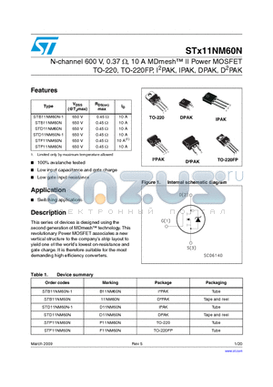 STD11NM60N-1 datasheet - N-channel 600 V, 0.37 Y, 10 A MDmesh II Power MOSFET TO-220, TO-220FP, I2PAK, IPAK, DPAK, D2PAK