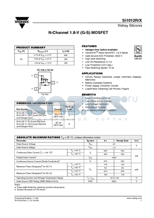 SI1012X-T1-E3 datasheet - N-Channel 1.8-V (G-S) MOSFET