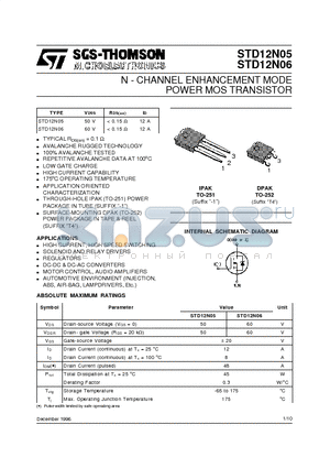 STD12N05 datasheet - N - CHANNEL ENHANCEMENT MODE POWER MOS TRANSISTOR