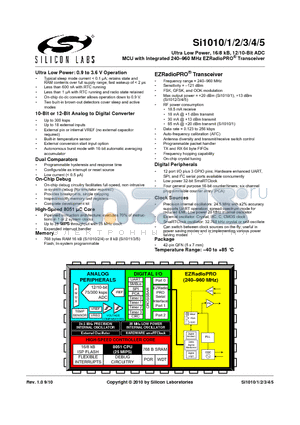 SI1013 datasheet - Ultra Low Power, 16/8 kB, 12/10-Bit ADC MCU with Integrated 240-960 MHz EZRadioPRO Transceiver
