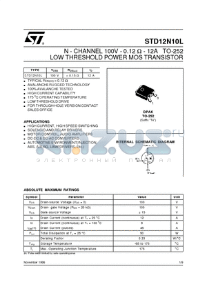 STD12N10L datasheet - N - CHANNEL 100V - 0.12 ohm - 12A TO-252 LOW THRESHOLD POWER MOS TRANSISTOR