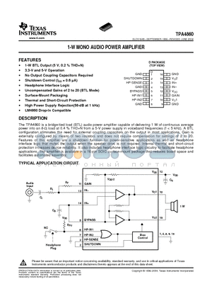 TPA4860DR datasheet - 1-W MONO AUDIO POWER AMPLIFIER