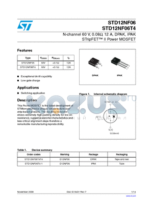 STD12NF06 datasheet - N-channel 60 V, 0.08Y, 12 A, DPAK, IPAK STripFET II Power MOSFET
