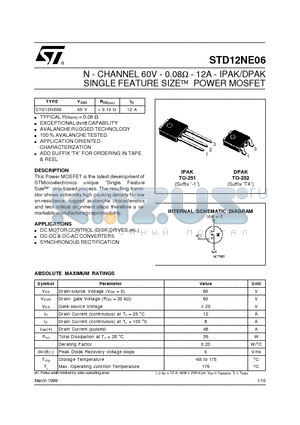 STD12NE06 datasheet - N - CHANNEL 60V - 0.08ohm - 12A - IPAK/DPAK SINGLE FEATURE SIZE POWER MOSFET