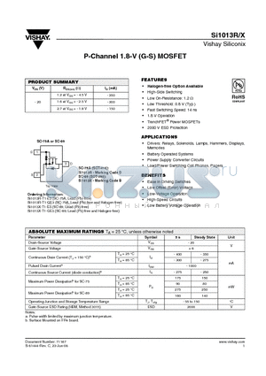 SI1013X-T1-GE3 datasheet - P-Channel 1.8-V (G-S) MOSFET
