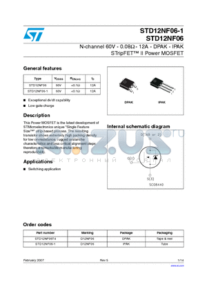 STD12NF06-1 datasheet - N-channel 60V - 0.08Y - 12A - DPAK - IPAK STripFET II Power MOSFET