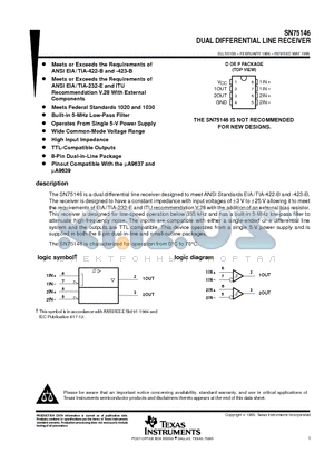 SN75146 datasheet - DUAL DIFFERENTIAL LINE RECEIVER