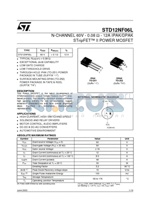 STD12NF06L datasheet - N-CHANNEL 60V - 0.08 ohm - 12A IPAK/DPAK STripFET II POWER MOSFET