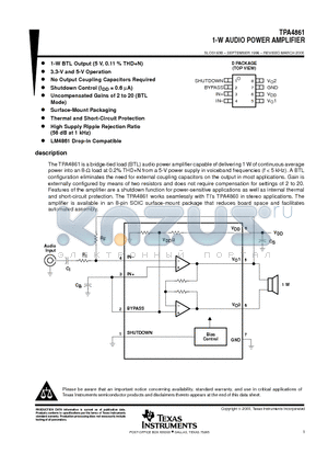 TPA4861 datasheet - 1-W AUDIO POWER AMPLIFIER