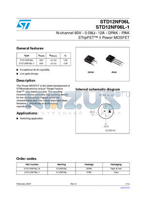STD12NF06L datasheet - N-channel 60V - 0.08 - 12A - DPAK - IPAK STripFET II Power MOSFET