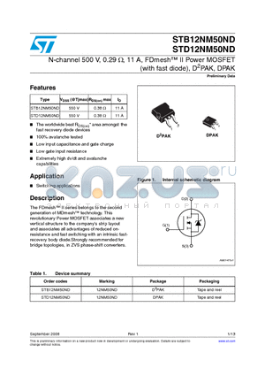 STD12NM50ND datasheet - N-channel 500 V, 0.29 Y, 11 A, FDmesh II Power MOSFET (with fast diode), D2PAK, DPAK