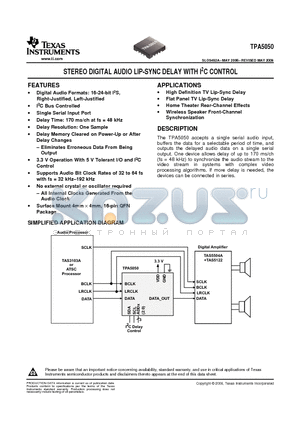 TPA5050RSAT datasheet - STEREO DIGITAL AUDIO LIP-SYNC DELAY WITH I2C CONTROL