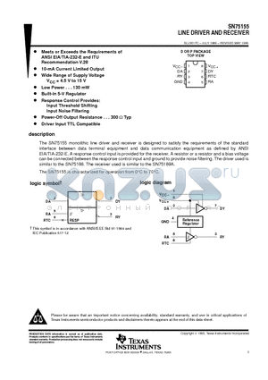 SN75155P datasheet - LINE DRIVER AND RECEIVER