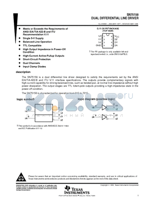 SN75158D datasheet - DUAL DIFFERENTIAL LINE DRIVER
