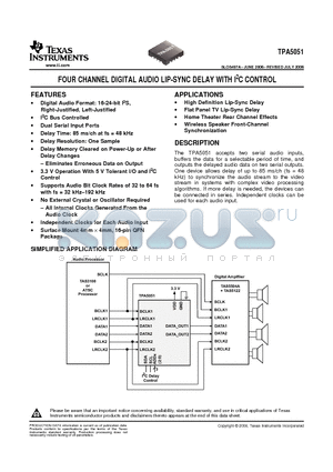 TPA5051RSARG4 datasheet - FOUR CHANNEL DIGITAL AUDIO LIP-SYNC DELAY WITH I2C CONTROL