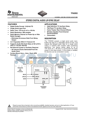 TPA5052RSAR datasheet - STEREO DIGITAL AUDIO LIP-SYNC DELAY