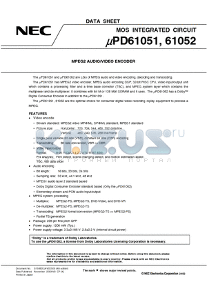 UPD61051GD-LML datasheet - MOS INTEGRATED CIRCUIT MPEG2 AUDIO/VIDEO ENCODER