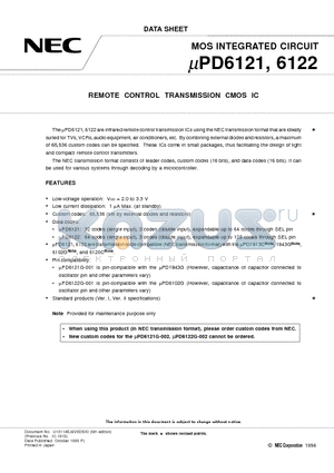 UPD6121 datasheet - REMOTE CONTROL TRANSMISSION CMOS IC