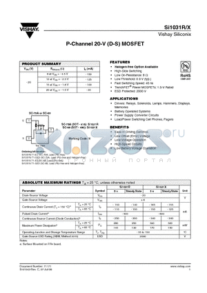 SI1031X datasheet - P-Channel 20-V (D-S) MOSFET